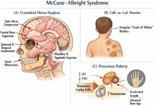 A Rare Presentation of McCune–Albright Syndrome in a Nine‑Year‑Old Boy with Giant Craniofacial Polyostotic Fibrous Dysplasia, Café‑au‑Lait Macules, and Precocious Puberty